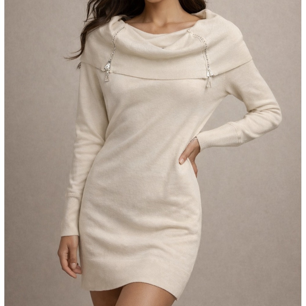 Say What? Rhinestone-Studded Zipper Convertible Neck Dress Women's Size 1X Cream